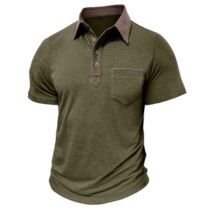 Close-up of olive green polo shirt featuring a brown contrast collar and pocket detail