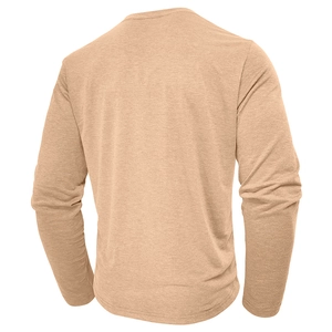 Detail of light brown heathered fabric and seamless stitching on long sleeve Henley shirt