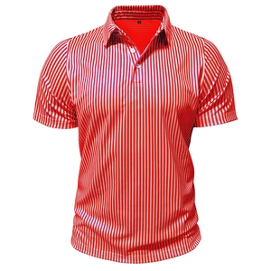 Macro detail of the white button placket and collar on a red striped short sleeve polo shirt