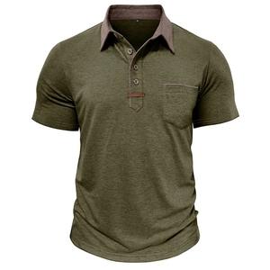 Detailed view of army green polo shirt with contrast collar and single chest pocket