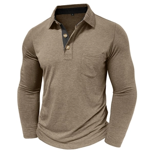 Detail of men's brown long sleeve Polo shirt showing collar, buttons and chest pocket