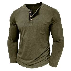 Detailed view of dark olive green heathered Henley shirt with three buttons and chest pocket