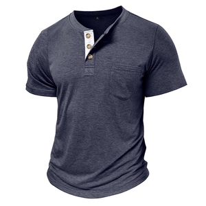 Detail of dark grey Henley shirt featuring a three-button contrast placket and chest pocket