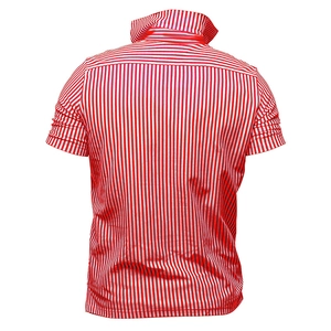 Back view of a men's short-sleeve polo shirt featuring red and white vertical stripes