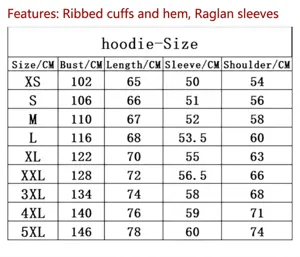 Detailed size chart for the ribbed cuff drop shoulder hoodie ranging from size XS to 5XL
