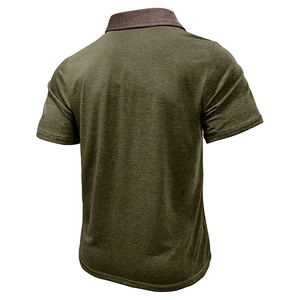Rear view of olive green men's short sleeve polo shirt with brown collar on white background