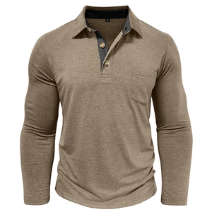 Detailed macro view of khaki long sleeve polo shirt showing lapel collar and chest pocket
