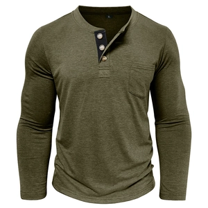 Detail view of military green Henley shirt featuring chest pocket and three-button placket