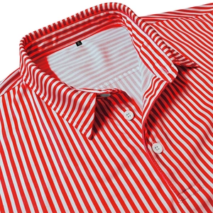 Close-up of red and white striped polo shirt collar featuring XL size tag and white buttons