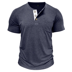 Detail view of the three-button placket and chest pocket on this grey knit Henley shirt