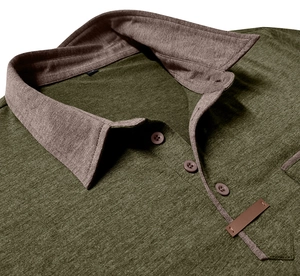 Close-up of olive green knit polo shirt with contrasting brown collar and button detail