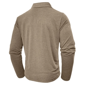 Rear view of a men's long-sleeve polo shirt in melange dark beige textured fabric