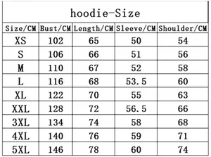 Detailed size chart for the You Are Enough hoodie with measurements from XS to 5XL
