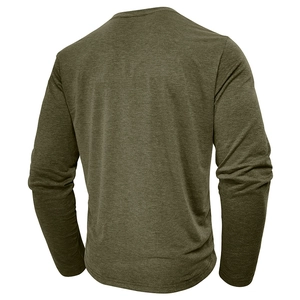 Close-up back view of dark olive green heathered long sleeve henley t-shirt for men