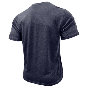 Detail view of heather navy men's short sleeve shirt showing fabric texture and back cut