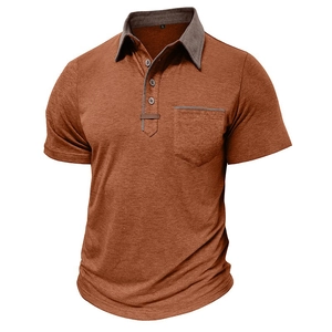 Detail of men's short sleeve polo shirt showing the red-brown fabric and gray collar