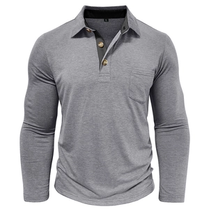 Detailed view of gray long sleeve polo shirt with chest pocket and wood buttons