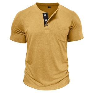 Detail of men's mustard yellow Henley t-shirt with three-button placket and chest pocket