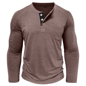 Detail of a men's brown heathered Henley shirt showing the three-button collar and chest pocket