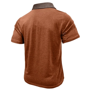 Detail view of men's polo shirt back in rust red heathered fabric with grey collar