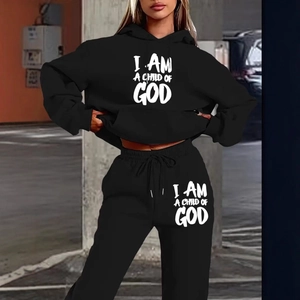 Set sportivo donna felpa e pantaloni in pile nero con scritta I Am A Child Of God