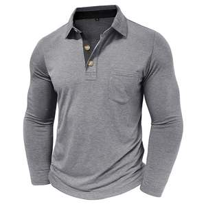 Detail of grey heather long sleeve polo shirt showing three buttons and chest pocket