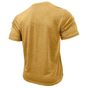 Back view of mustard yellow short sleeve Henley t-shirt with breathable knit texture