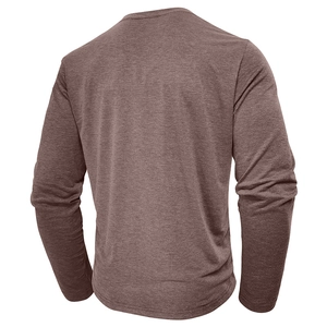 Rear view of long sleeve henley shirt showing mauve textured knit fabric and seam details