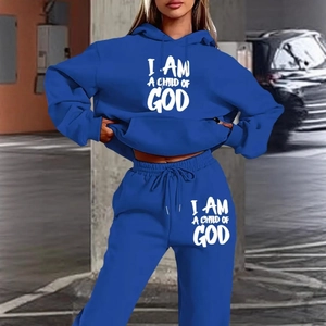Tuta sportiva blu da donna con cappuccio e stampa scritta I AM A CHILD OF GOD