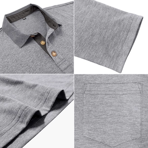 Detailed close-up of grey Polo shirt showing buttoned collar, pocket, and stitching