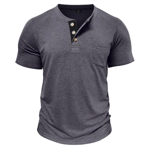 Detail view of men's dark grey Henley shirt featuring a three-button placket and chest pocket