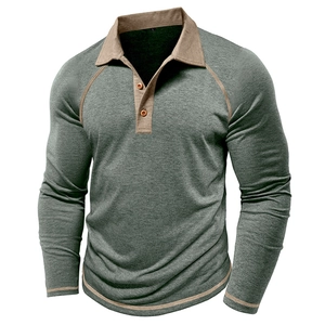 Dunkelgrünes Langarm-Poloshirt für Herren mit Kontrastkragen in Khaki und Strickstruktur