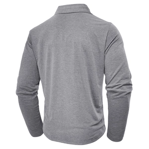 Macro shot of grey long-sleeve polo shirt fabric texture and collar detail from back