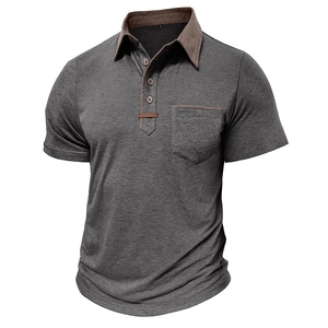 Detail of grey men's Polo shirt with brown contrast piping on the collar and pocket