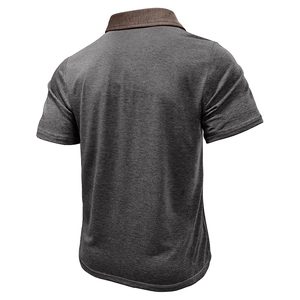 Rear view of a men's polo shirt in dark gray marl fabric with a brown contrast collar detail