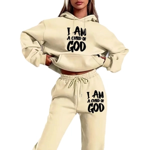 Tuta con cappuccio foderata in pile beige con stampa I AM A CHILD OF GOD