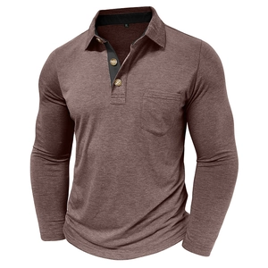 Close-up of brown heather long sleeve polo shirt with chest pocket and wood-style buttons