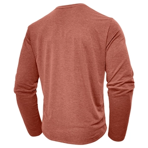 Detailed back view of a men's long sleeve waffle knit Henley shirt in a rust red shade