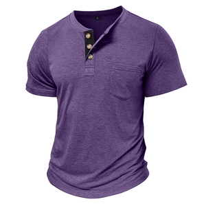 Detail of purple Henley shirt showing contrast placket, wood-style buttons and pocket