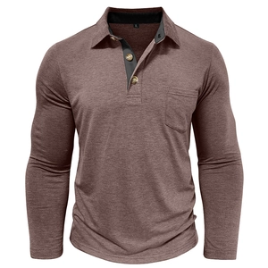Detailed close-up of brown long sleeve Polo shirt with vertical texture and front pocket