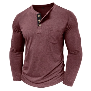 Detail view of burgundy waffle knit Henley shirt with three wood buttons and contrast placket