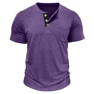 Detail of purple knitted Henley shirt showing three-button placket and practical chest pocket