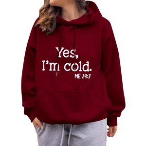 Classic burgundy hoodie featuring Yes I'm Cold 24:7 white print with kangaroo pocket