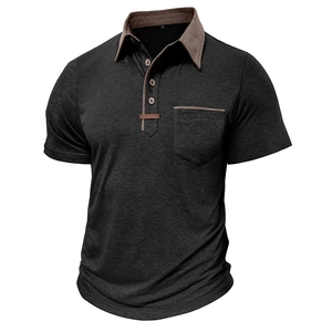 Detailed view of dark grey men's Polo shirt with brown contrasting collar and chest pocket