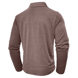 Detail view of the coffee brown long sleeve polo shirt back with fine knitted texture
