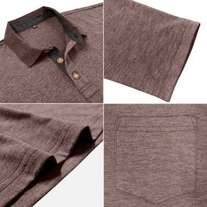 Detail view of coffee polo shirt featuring button placket, chest pocket and side slits