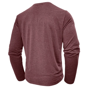 Back view of men's long sleeve heather burgundy knit Henley shirt with athletic fit