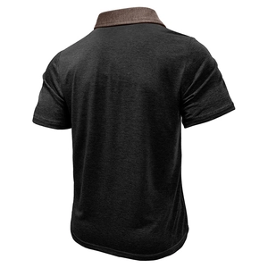 Back view detail of men's polo shirt featuring black knit fabric and brown contrast collar