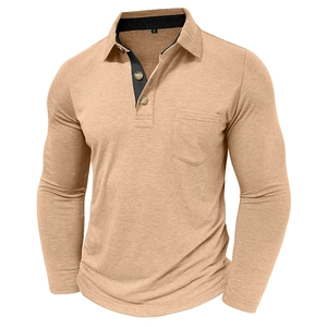 Detail of khaki long sleeve polo shirt with chest pocket and three-button collar