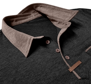 Close-up of contrast brown polo collar and textured dark grey knit fabric with buttons